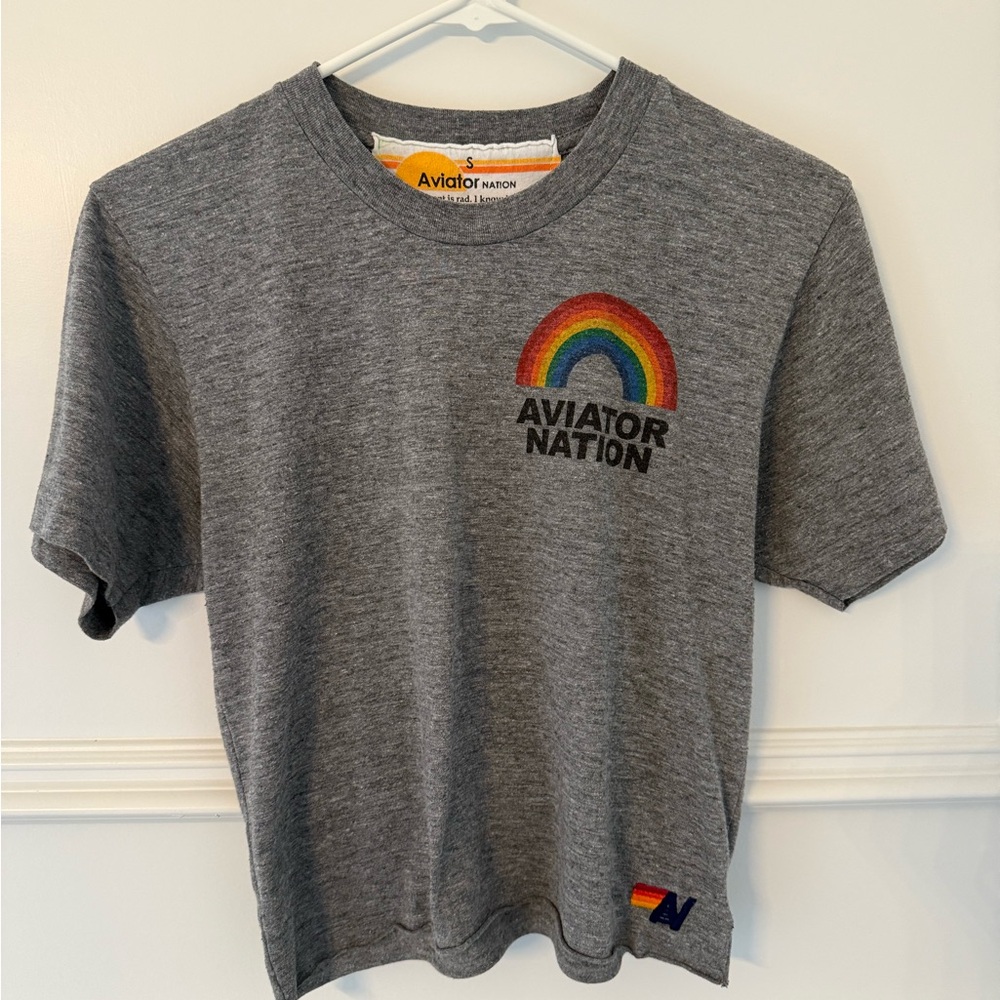 Aviator Nation women’s Heather Gray Rainbow boyfriend Logo Tee